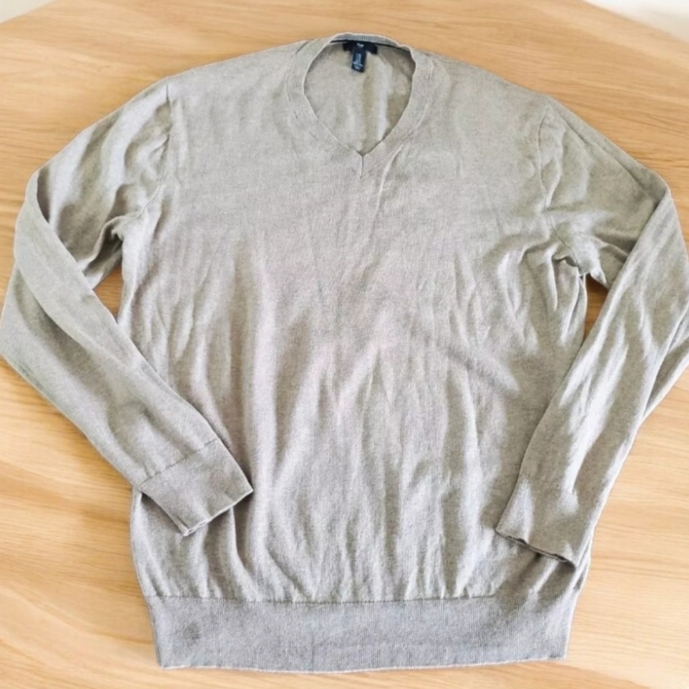 Gap V-neck Sweater Men's Size XL 100% Cotton‎ Oatmeal Heather Lightweight EUC